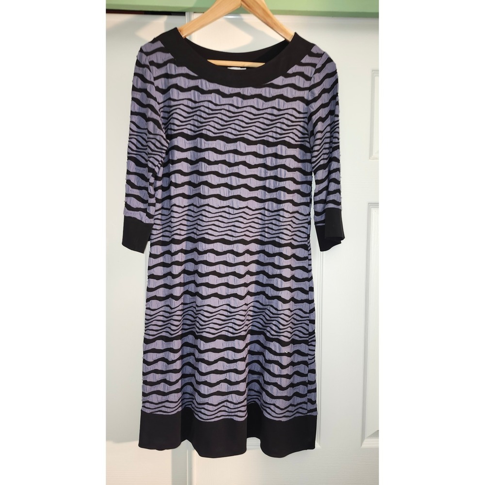 Papillon Blanc Womens Purple Black Textured Wavy Stripe 3/4 Sleeve Shift Dress L